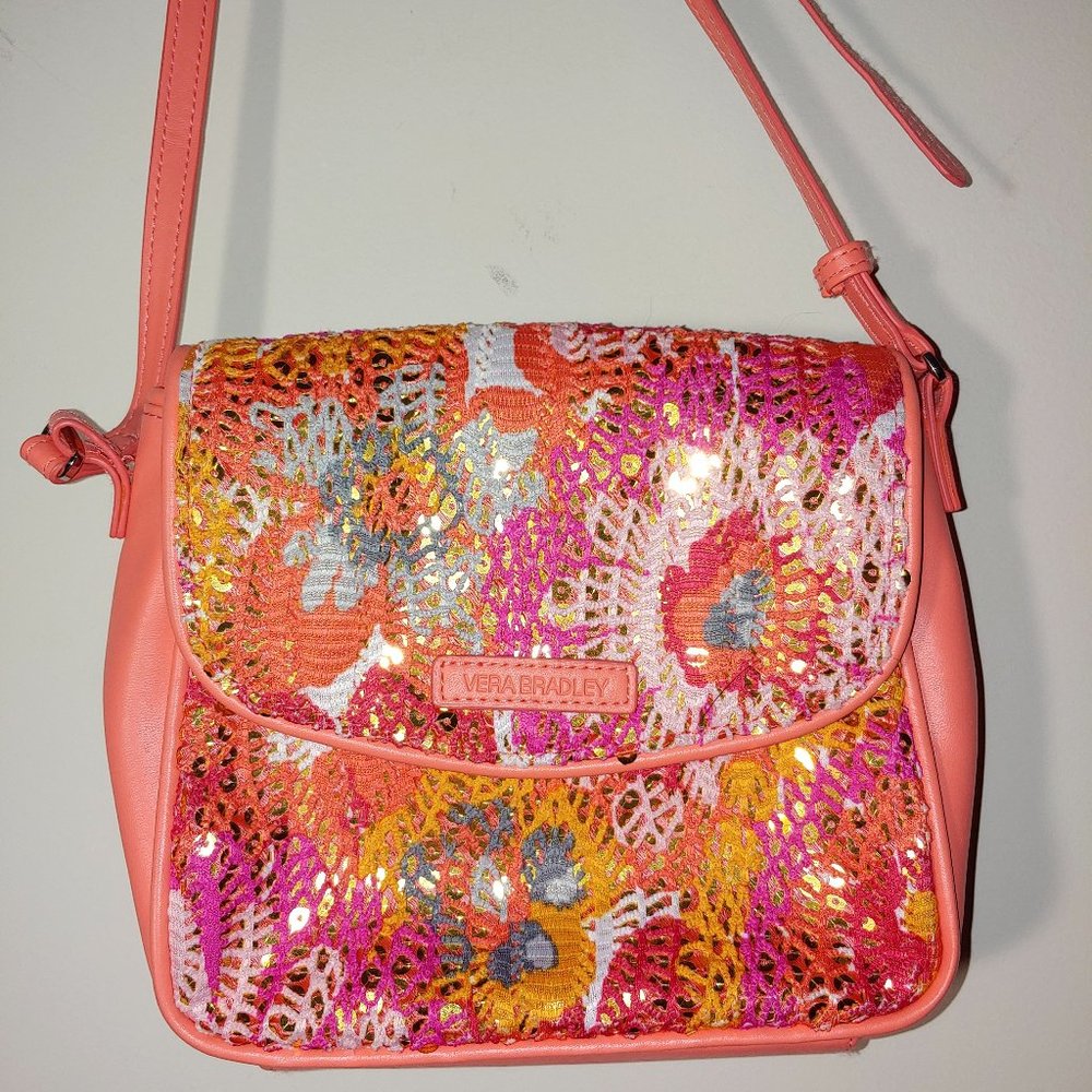 Vera Bradley Crochet Sparkle  Pixie Blooms Crossbody Pink Gold